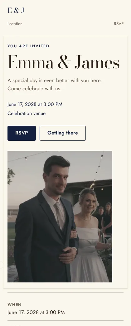 Example weddings invitation in the Editorial style, rendered by Planne