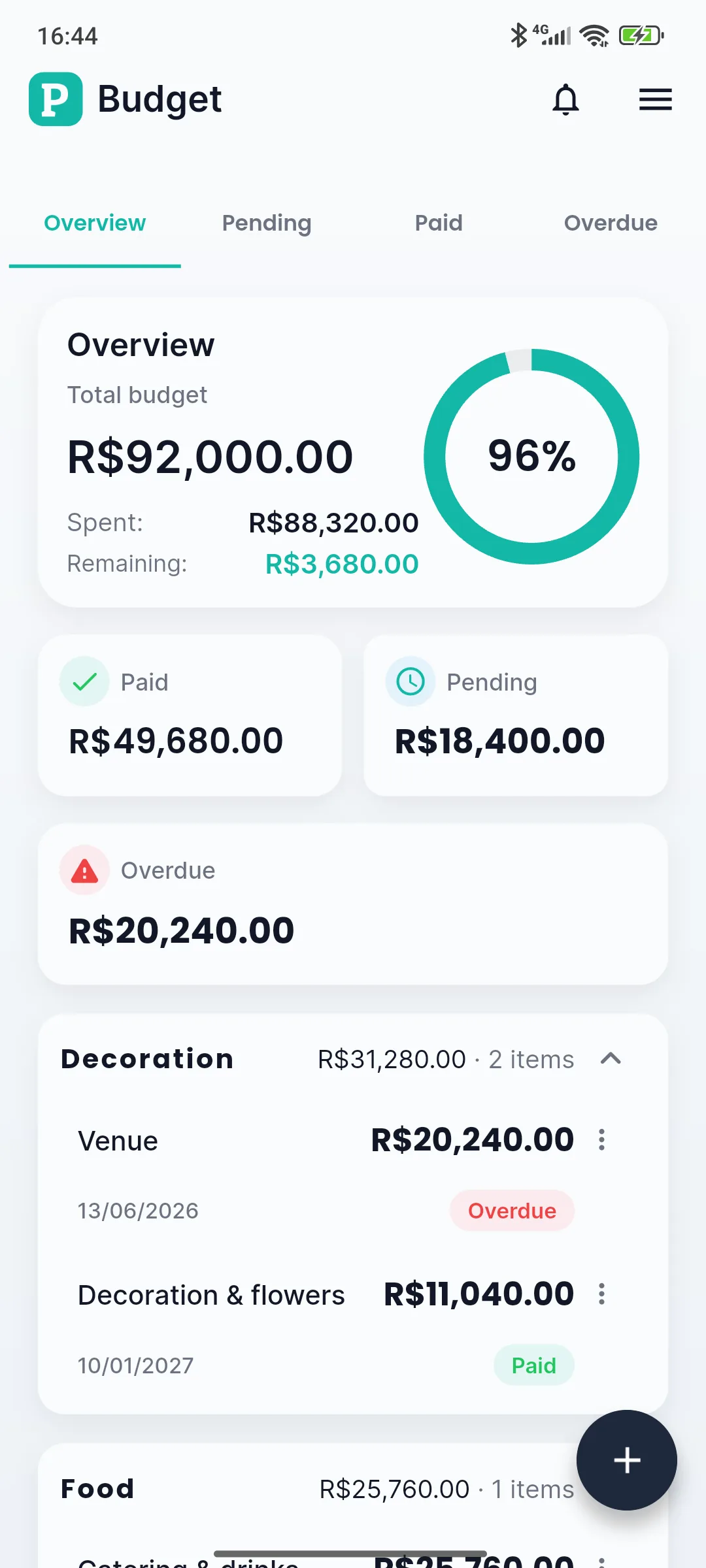 Planne screen showing the event budget and expenses