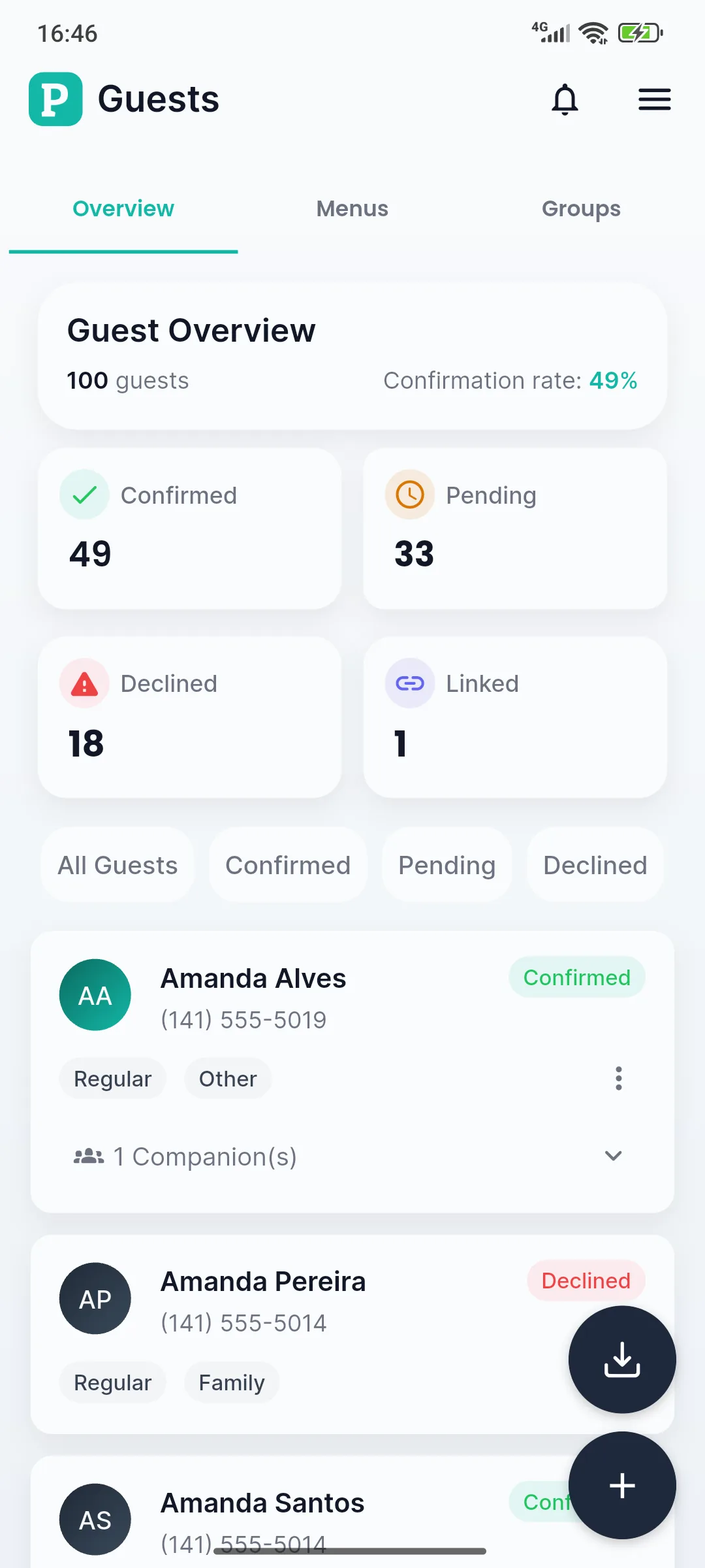 Planne screen showing the event guest list