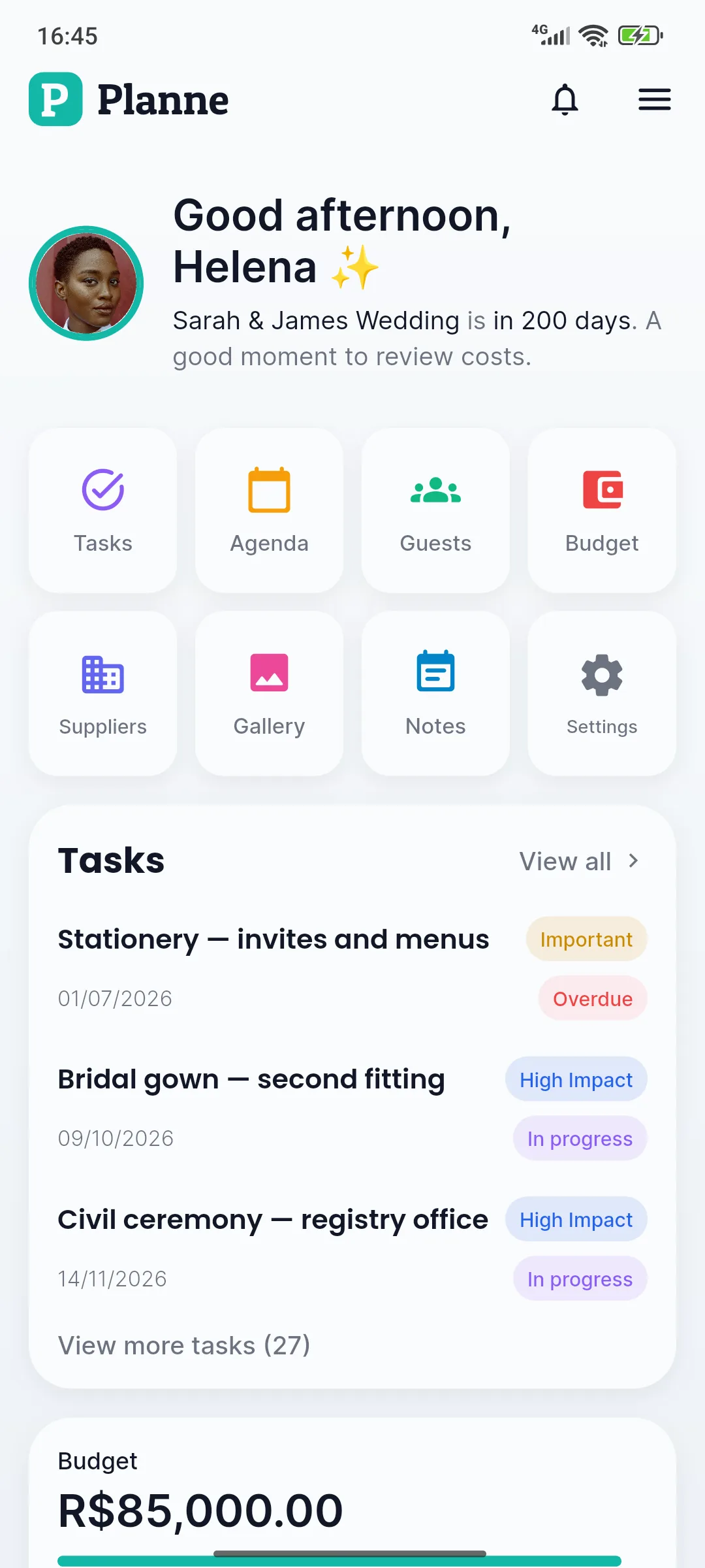 Real Planne home screen with shortcuts, tasks and budget summary