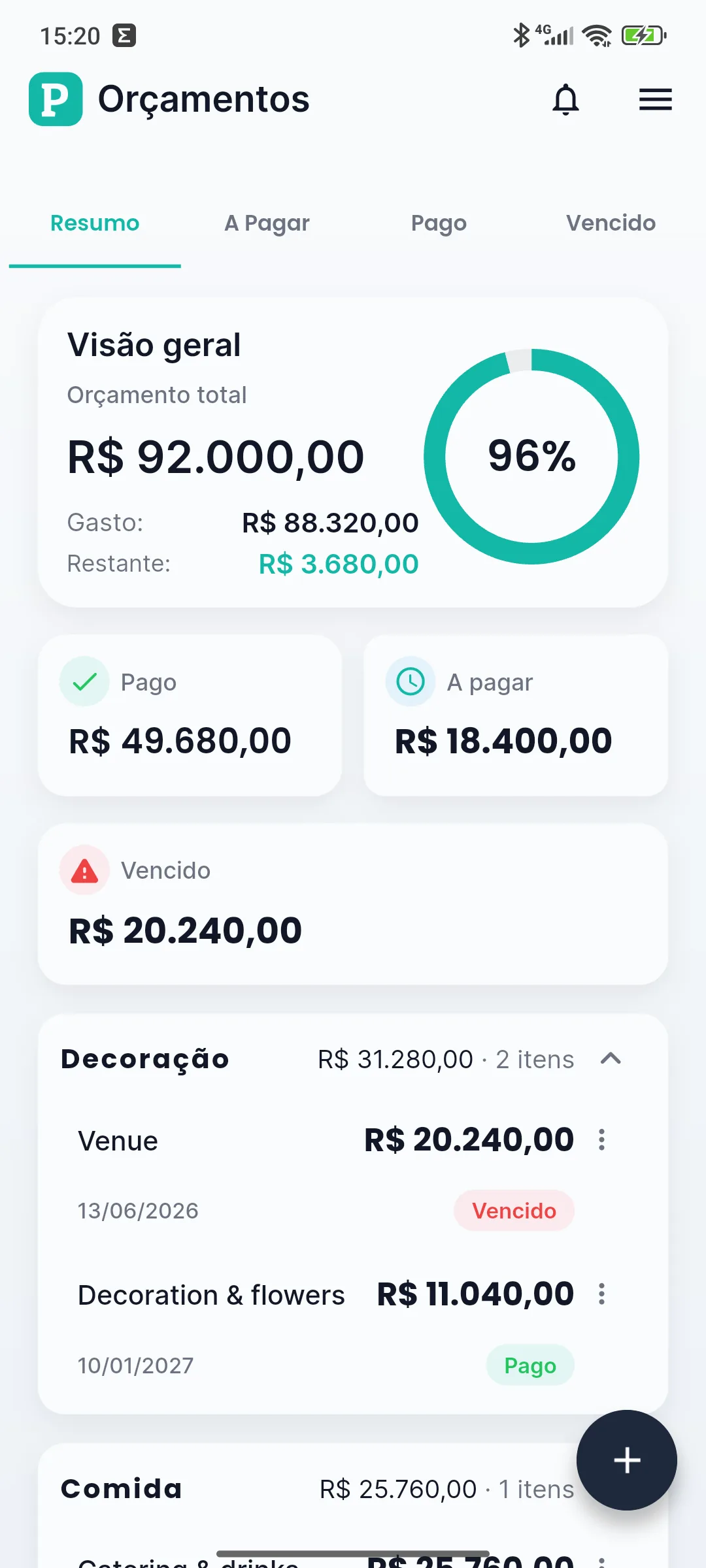 Tela da Planne com o orçamento e as despesas do evento