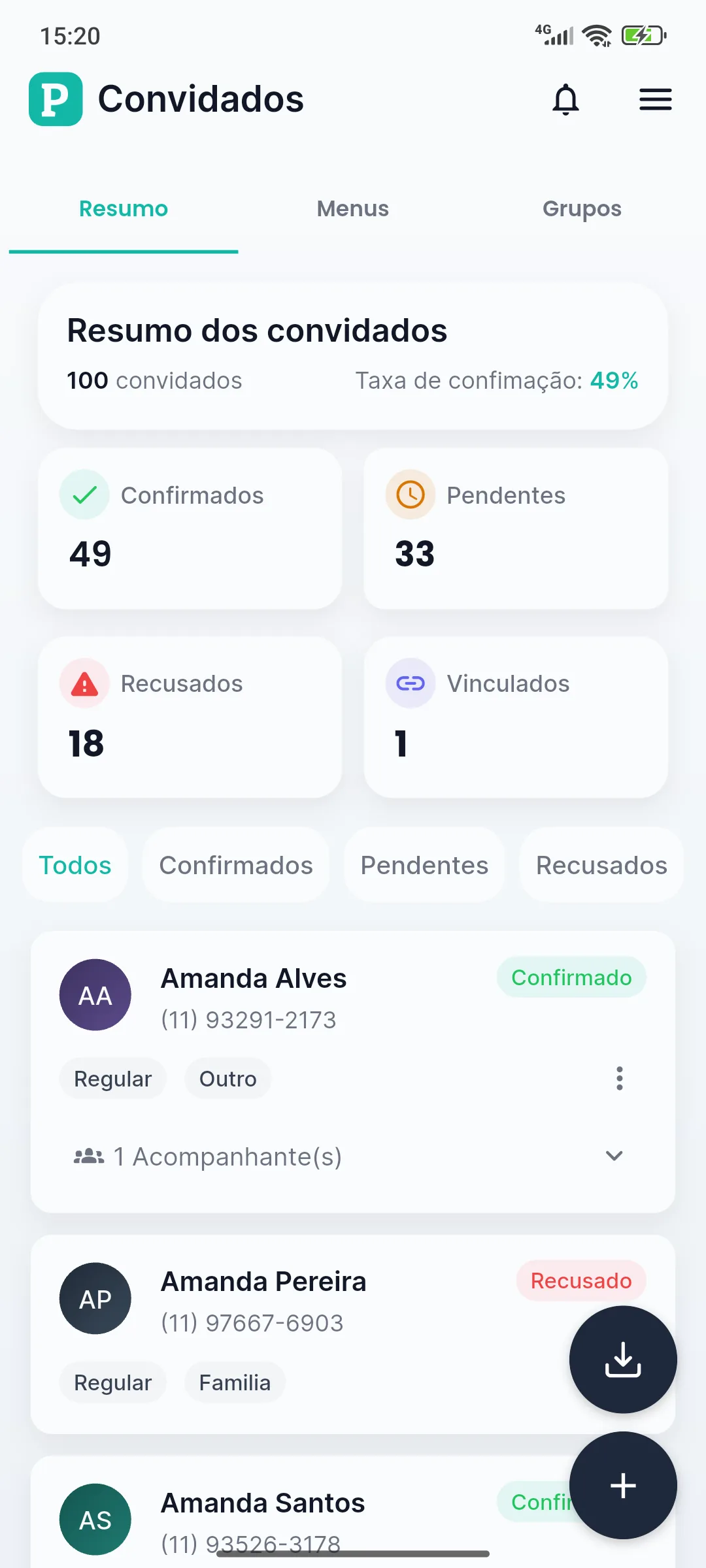 Tela da Planne com a lista de convidados do evento